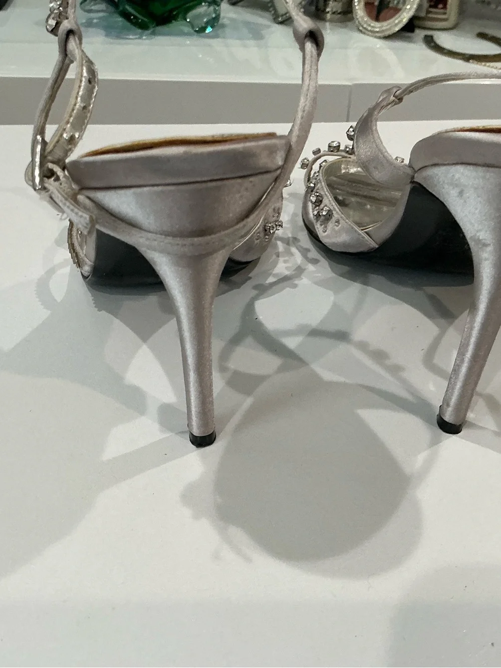 Nina, New York women, satin rhinestone ankle strap evening heels, size 10 M